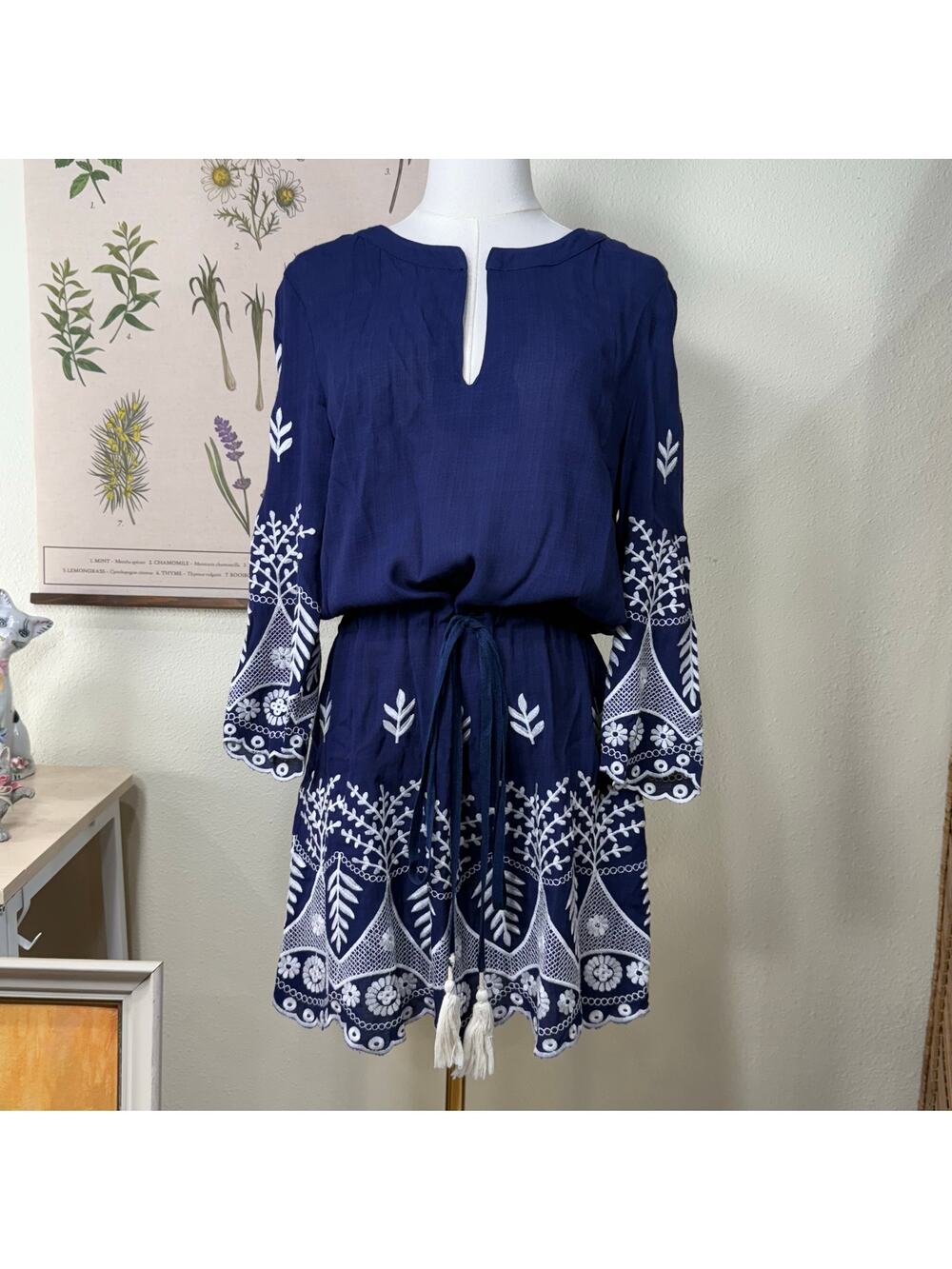 Misa LA Floral Embroidered Drawstring Tassel Mini Dress Boho Coastal Cowgirl S